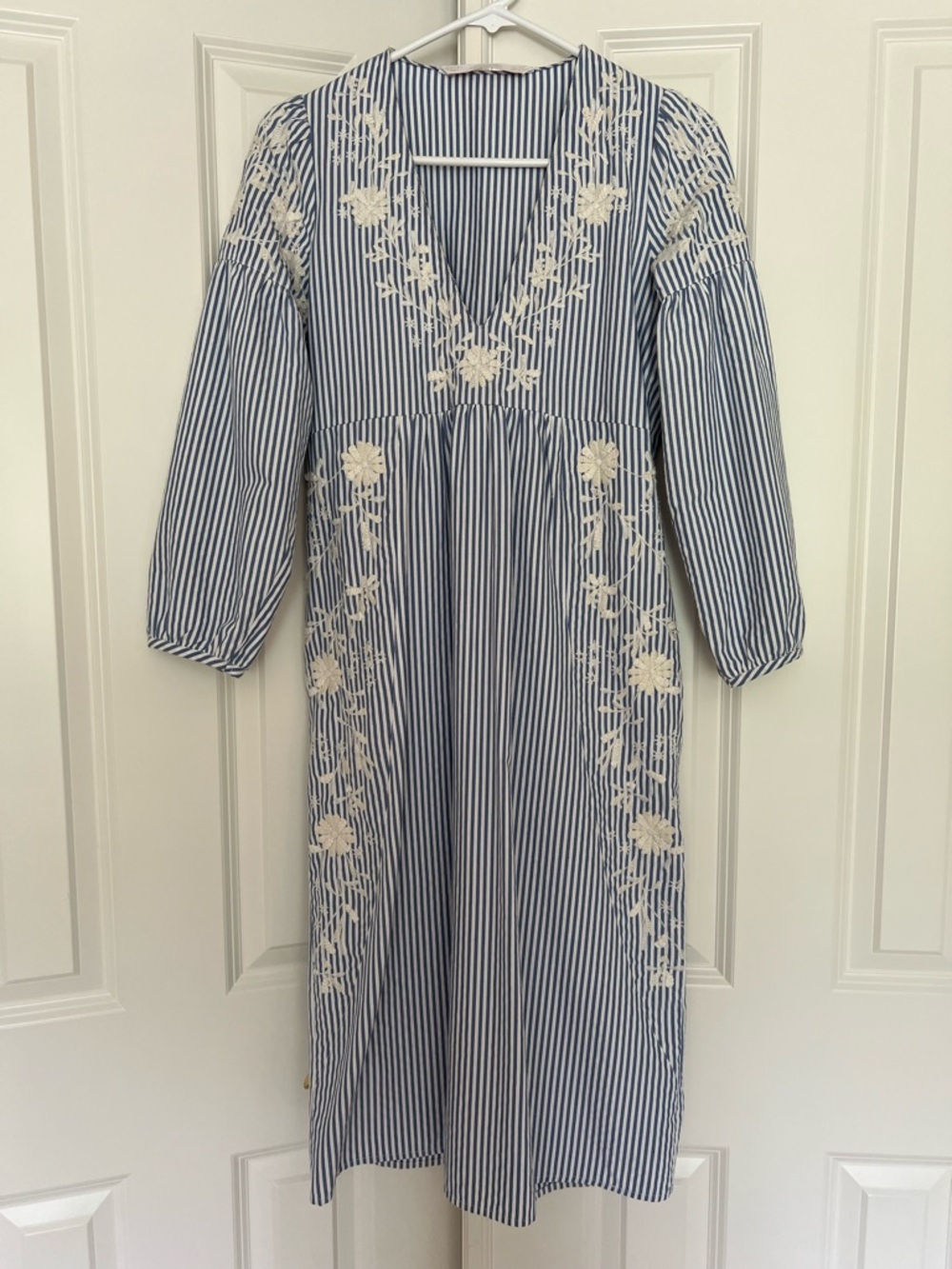 Zara Blue and White Striped Embroidered V-Neck Midi Dress